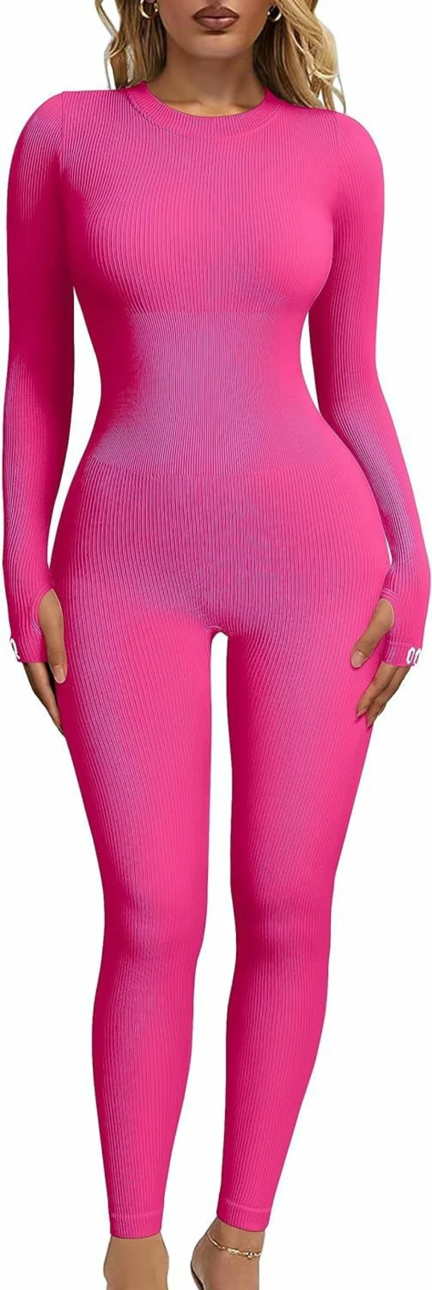OQQ Women's Ribbed Long Sleeve Yoga Jumpsuit - Crew Neck Sport Jumpsuit for Workouts & Gym