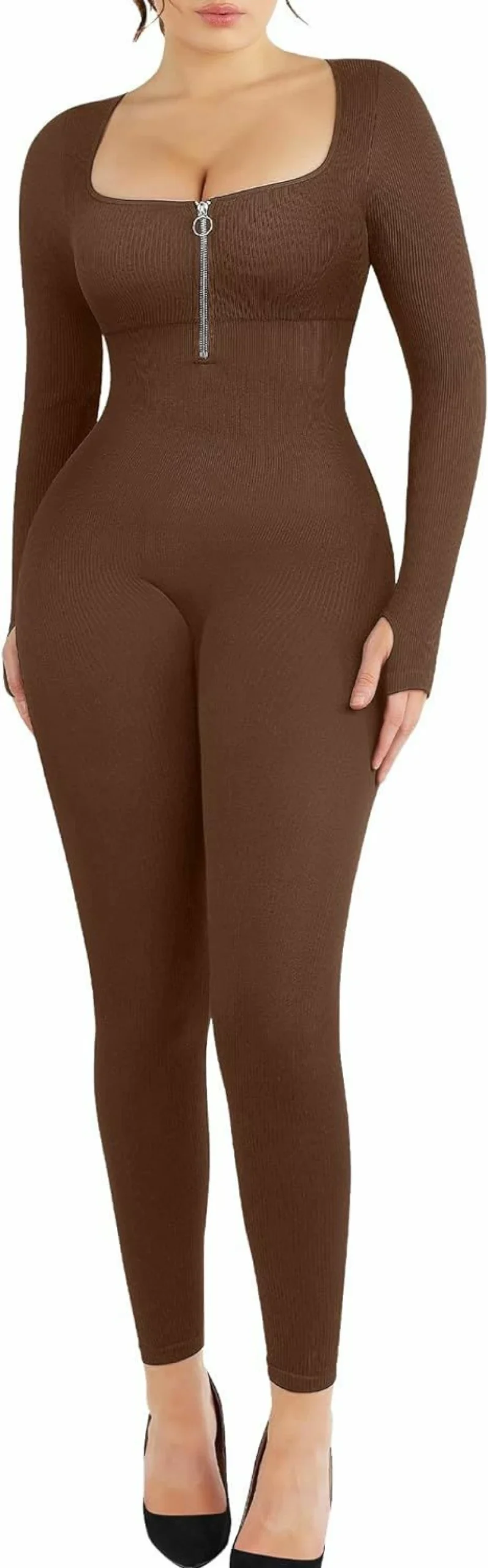 FeelinGirl Women's Tummy Control Ribbed Long Sleeve Jumpsuit - Yoga Romper Unitard for Workout 2024