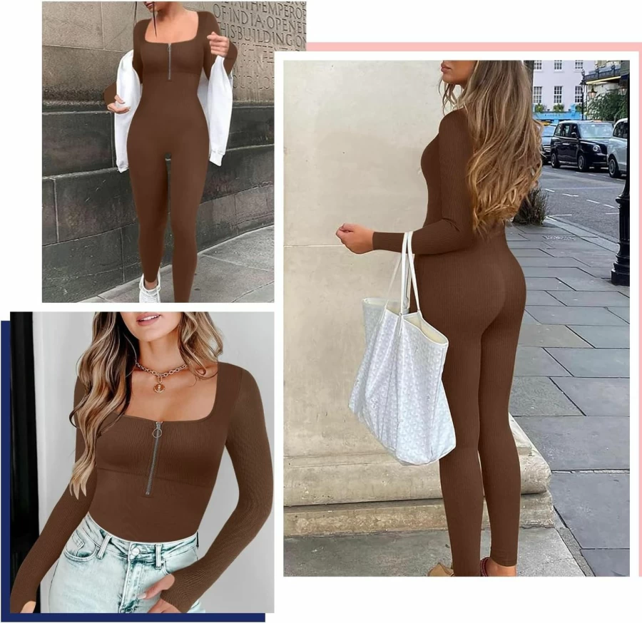 FeelinGirl Women's Tummy Control Ribbed Long Sleeve Jumpsuit - Yoga Romper Unitard for Workout 2024