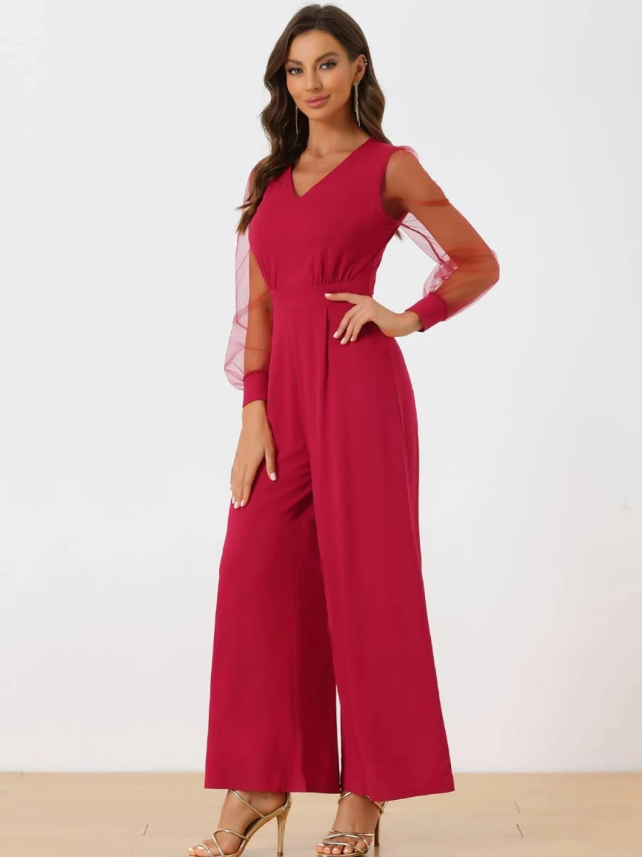 Allegra K Women's Elegant V-Neck Mesh Jumpsuit with Long Sleeves and Wide Leg for Party Wear