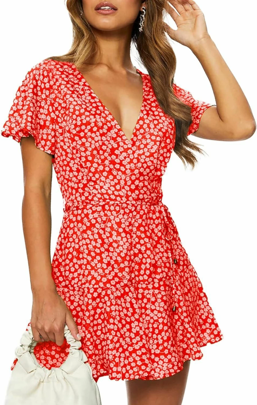 AIMCOO Women's Floral Wrap Romper Short Sleeve V-Neck Ruffle Hem Jumpsuit with Waist Tie Summer Casual Sundress