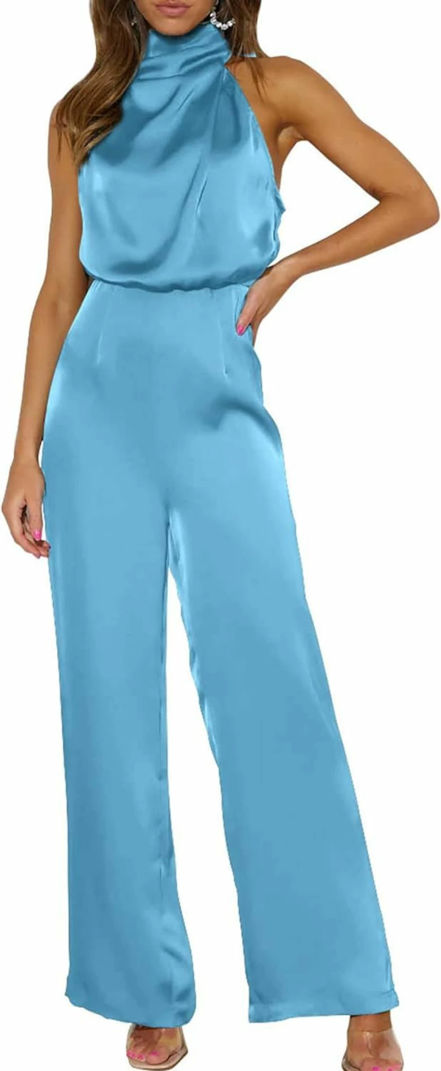 PRETTYGARDEN Women's 2024 Summer Sleeveless Mock Neck Wide Leg Romper Jumpsuit - One Piece Satin Pants Outfit