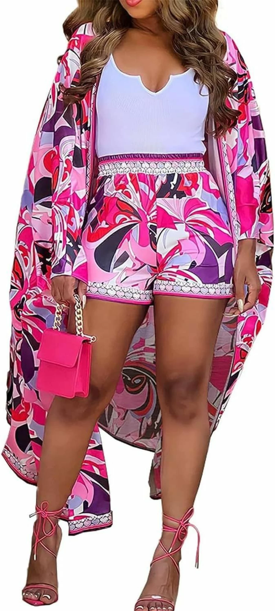 QegarTop Women's Flowy Kimono Shorts Set - Summer Beach Cover Up & Vacation Outfit Two Piece