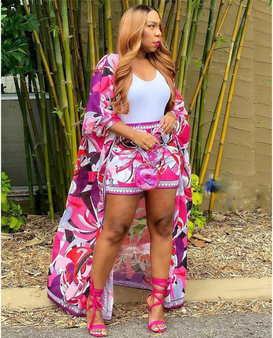 QegarTop Women's Flowy Kimono Shorts Set - Summer Beach Cover Up & Vacation Outfit Two Piece