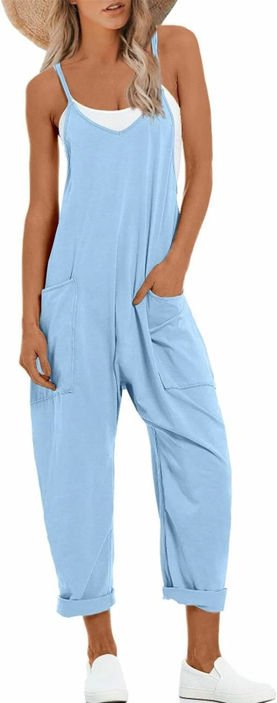 UNIANKIYA Women's One Piece Jumpsuit - V Neck Sleeveless Overalls with Spaghetti Straps, Loose Fit Harem Pants and Pockets