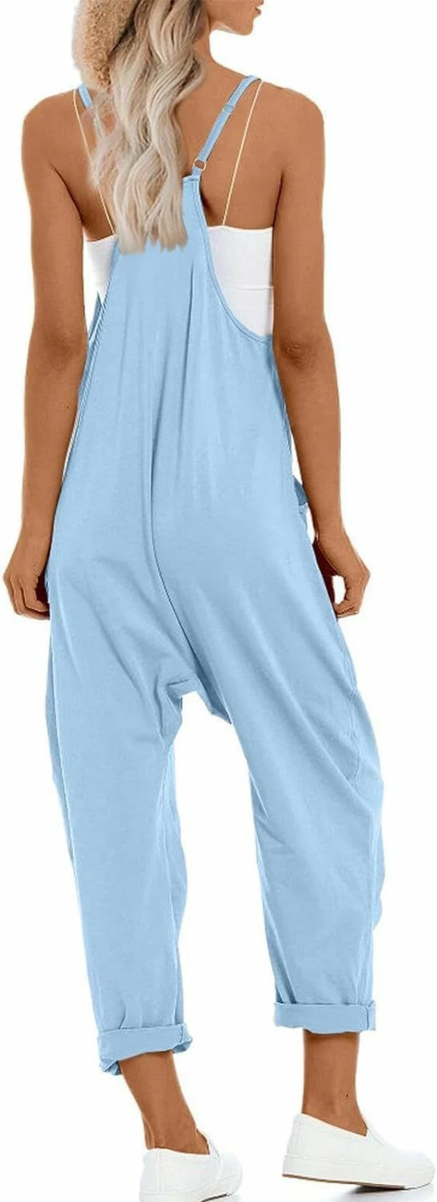 UNIANKIYA Women's One Piece Jumpsuit - V Neck Sleeveless Overalls with Spaghetti Straps, Loose Fit Harem Pants and Pockets