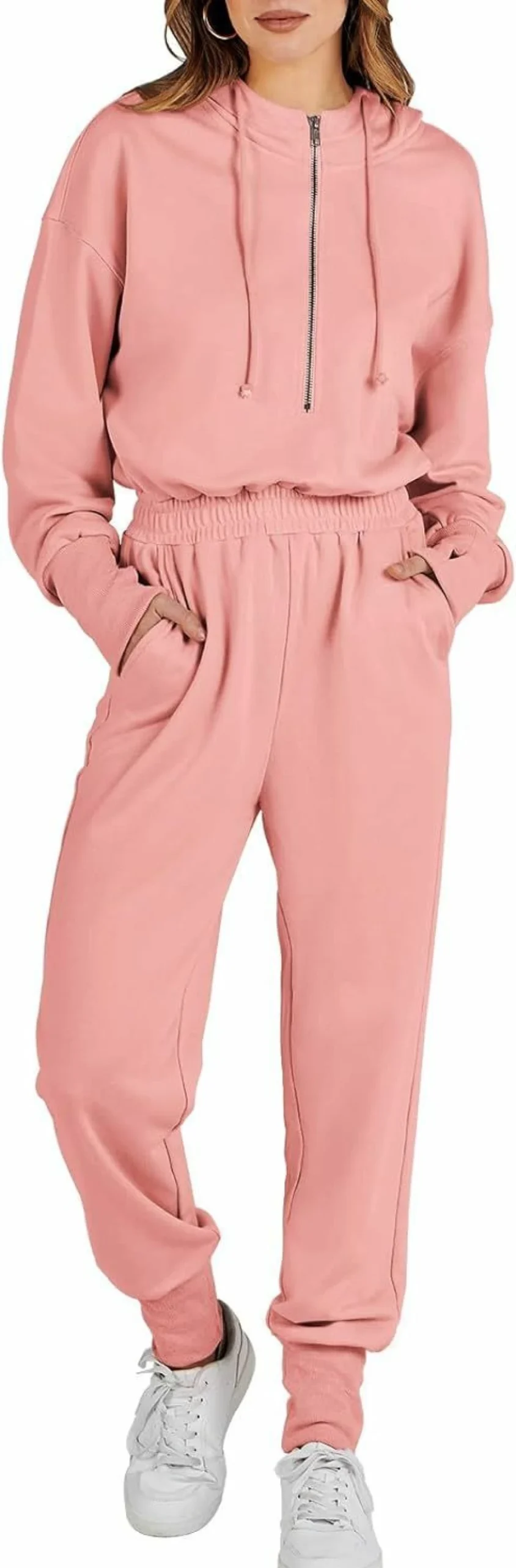 Caracilia Women's Zip-Up Hooded Jumpsuit - Long Sleeve Casual Lounge Romper One-Piece Sweatsuit
