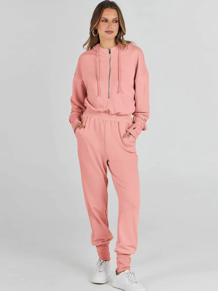 Caracilia Women's Zip-Up Hooded Jumpsuit - Long Sleeve Casual Lounge Romper One-Piece Sweatsuit