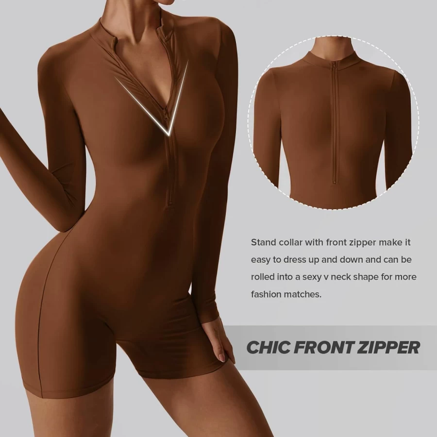 OEAK Women's 2024 Workout Jumpsuit - Long Sleeve Zip-Up Bodysuit with Tummy Control, Yoga Romper & Bodycon Unitard for Fitness