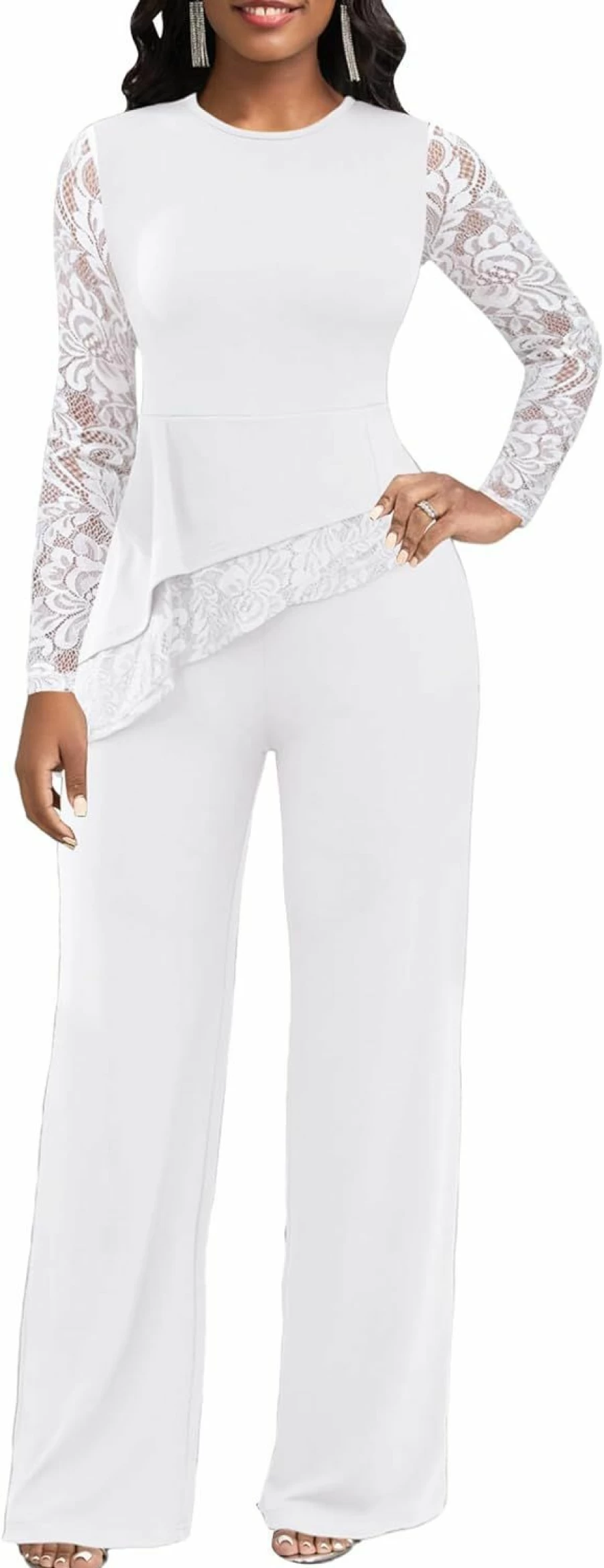 CTU Women's Elegant Lace Long Sleeve Jumpsuit Wide Leg Formal Party Outfit Ruffled One Piece Evening Dress