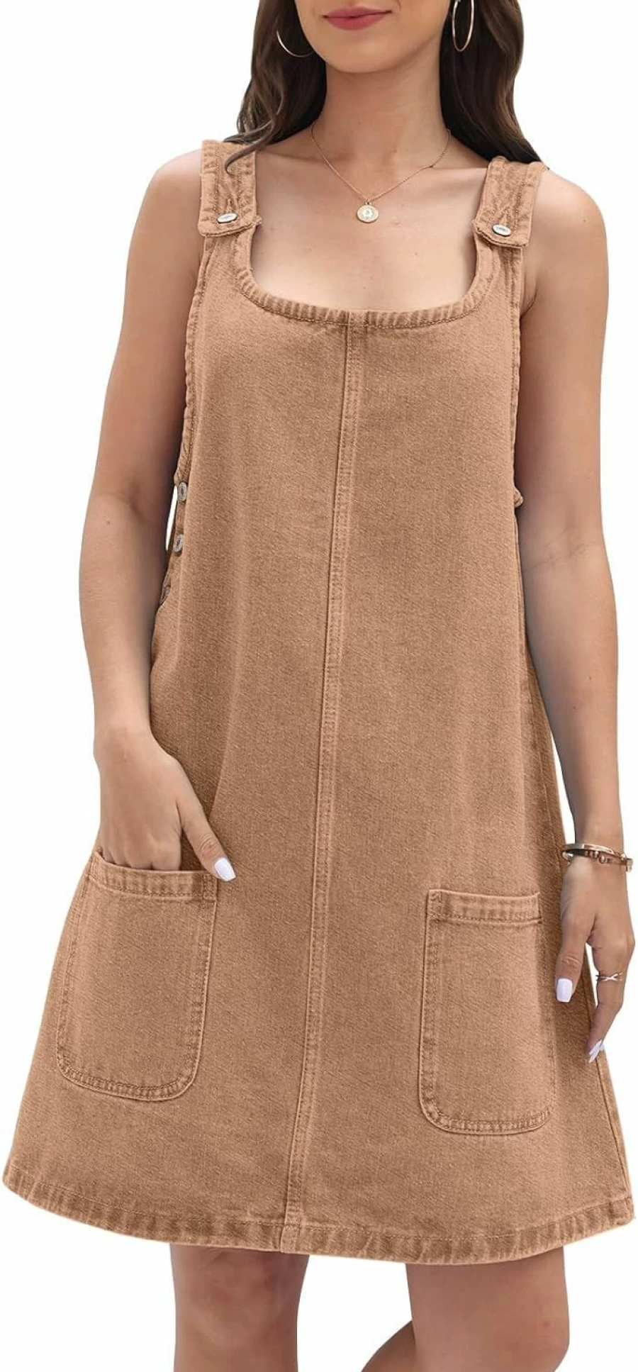 BZB Women's Vintage Denim Overall Mini Dress - Sleeveless Casual Crewneck with Pockets