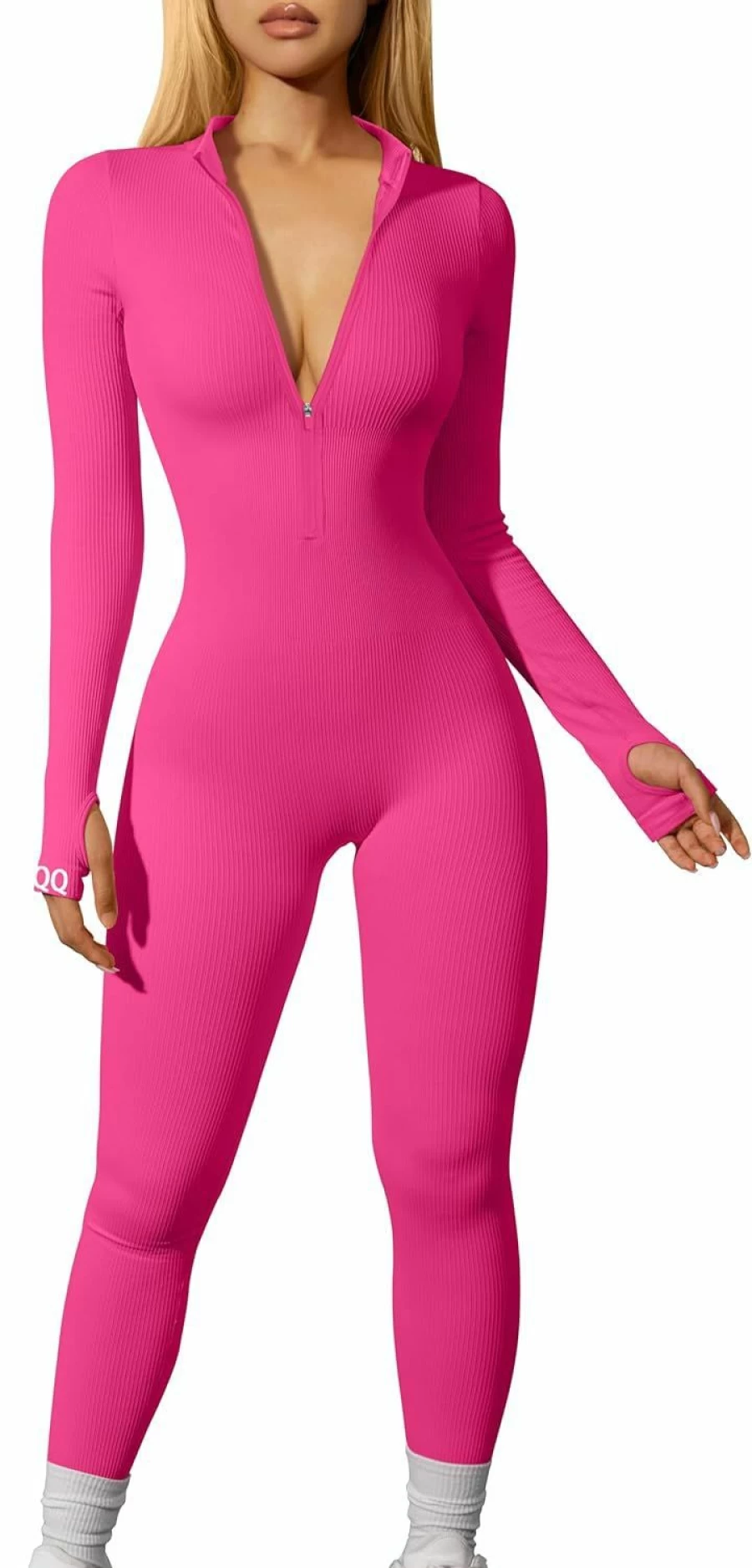 OQQ Women's Ribbed Long Sleeve Zip Front Yoga Jumpsuit - Workout & Sport Romper for Activewear