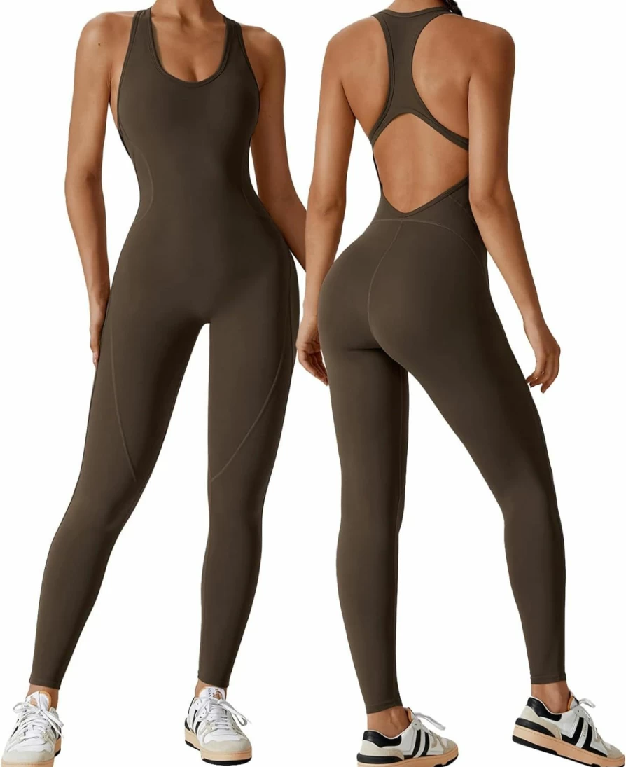 OEAK Women's Sleeveless Racerback Jumpsuit - 2024 Seamless Workout Unitard with Cutout Design, All-in-One Sport Bodycon Romper for Gym & Activewear