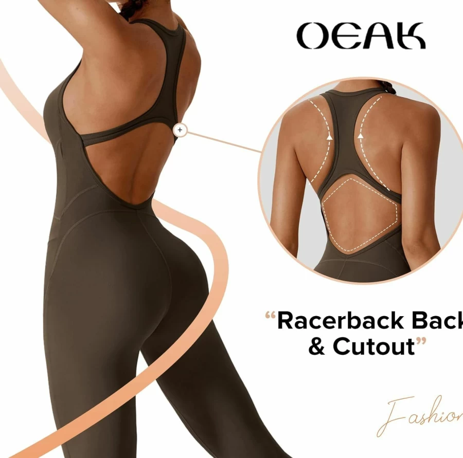 OEAK Women's Sleeveless Racerback Jumpsuit - 2024 Seamless Workout Unitard with Cutout Design, All-in-One Sport Bodycon Romper for Gym & Activewear