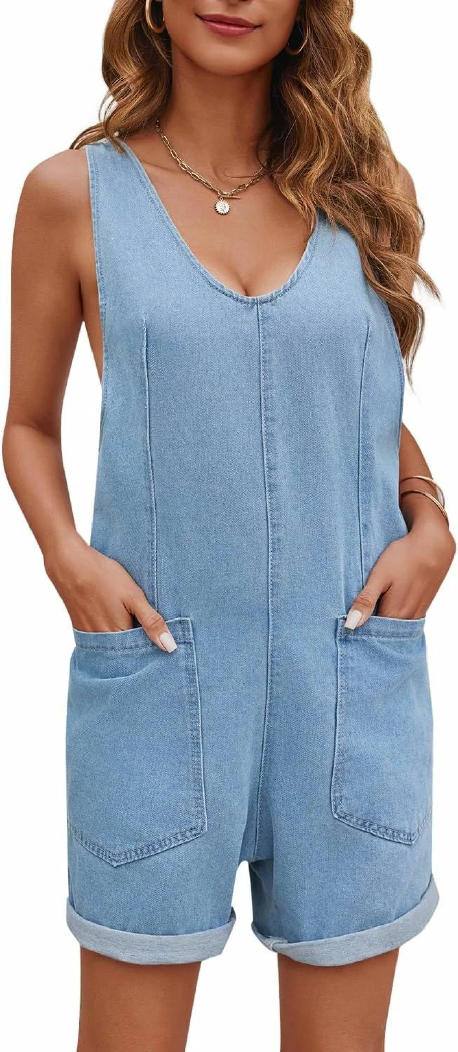 GREAIDEA Women's Denim Shortalls Romper - Casual Sleeveless Loose Overalls Jumpsuit with Pockets