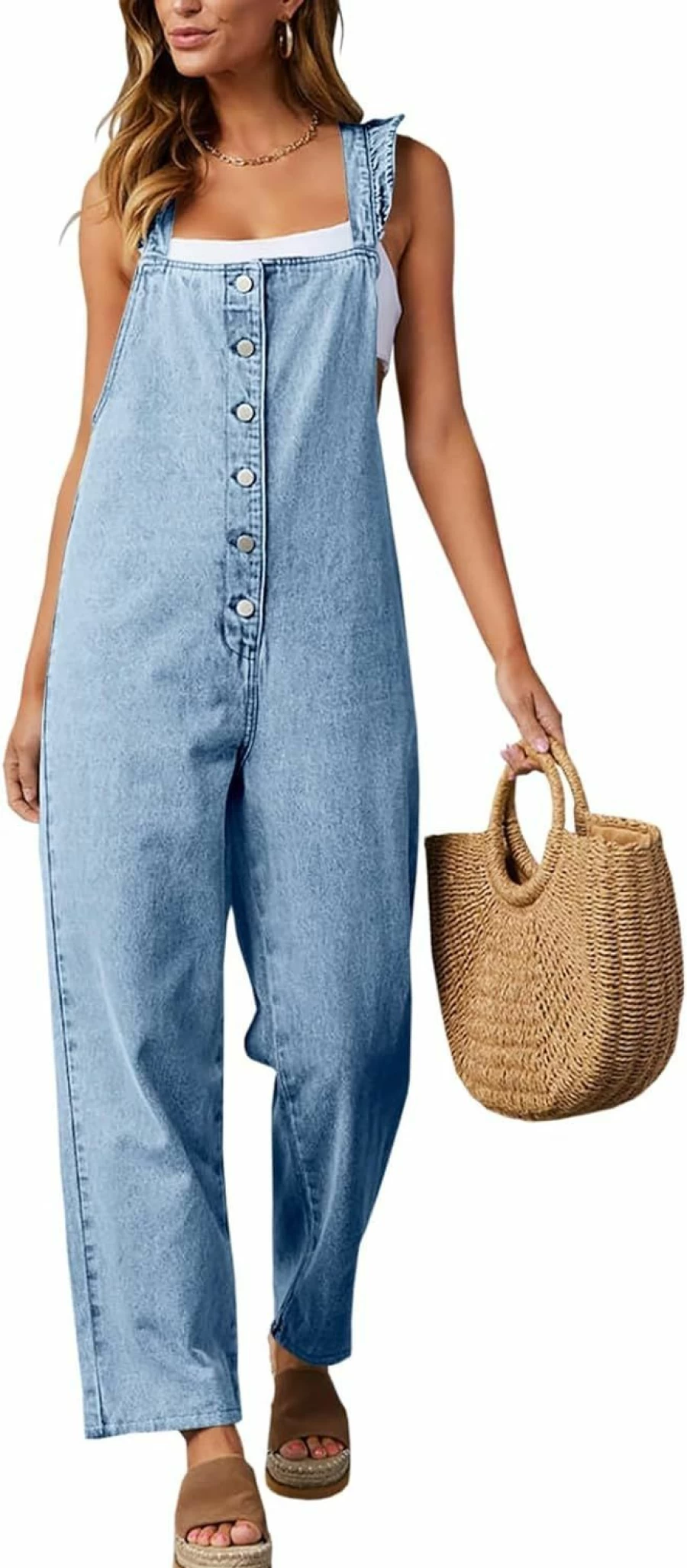 Tongmingyun Women's Denim Romper Jumpsuit with Ruffle Sleeves and Straight Leg Design