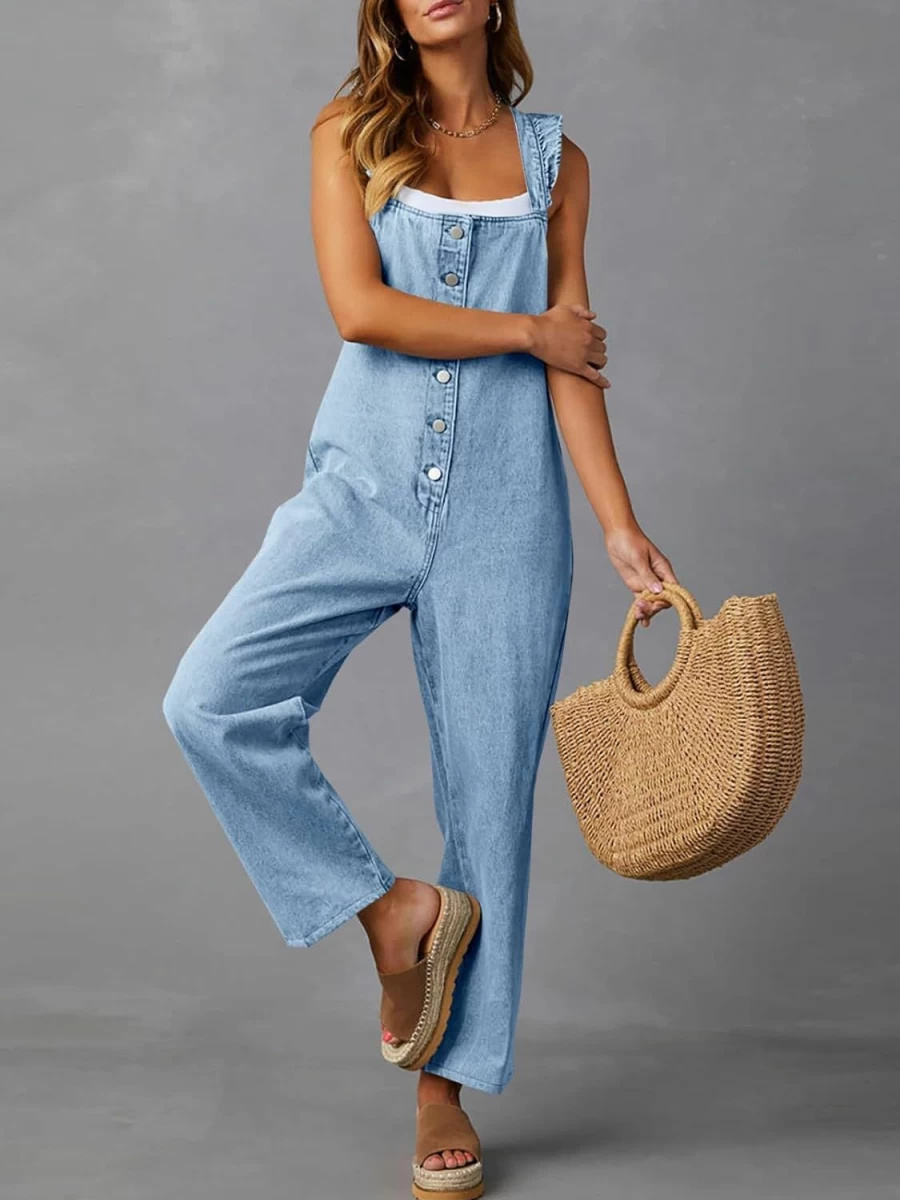Tongmingyun Women's Denim Romper Jumpsuit with Ruffle Sleeves and Straight Leg Design