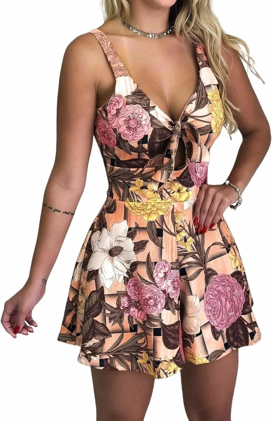 Relipop Women's Floral Print Romper Jumpsuit with Spaghetti Straps, V-Neck & Front Tie Knot - Sleeveless Summer Outfit