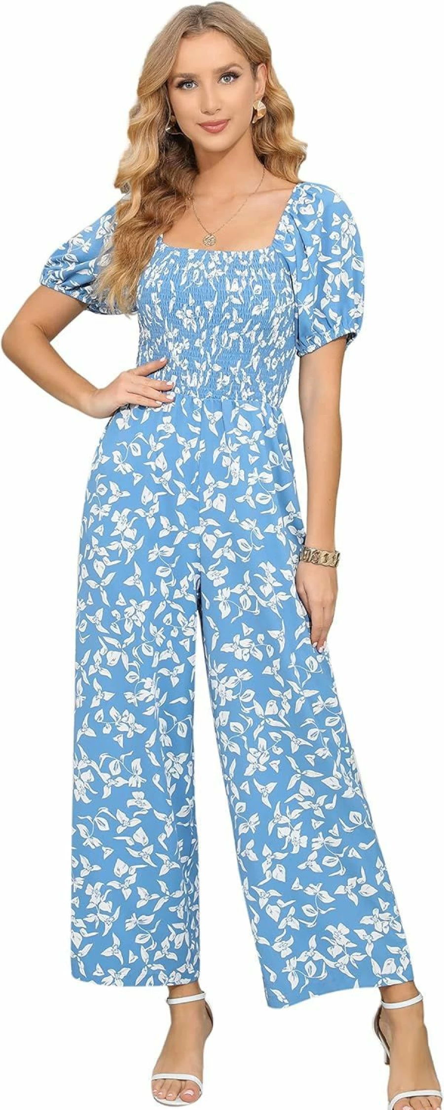 Love Welove Fashion Women's Floral Jumpsuit - Casual Loose Romper with Short Sleeves, Smocked High Waist & Wide Leg Pants Outfit