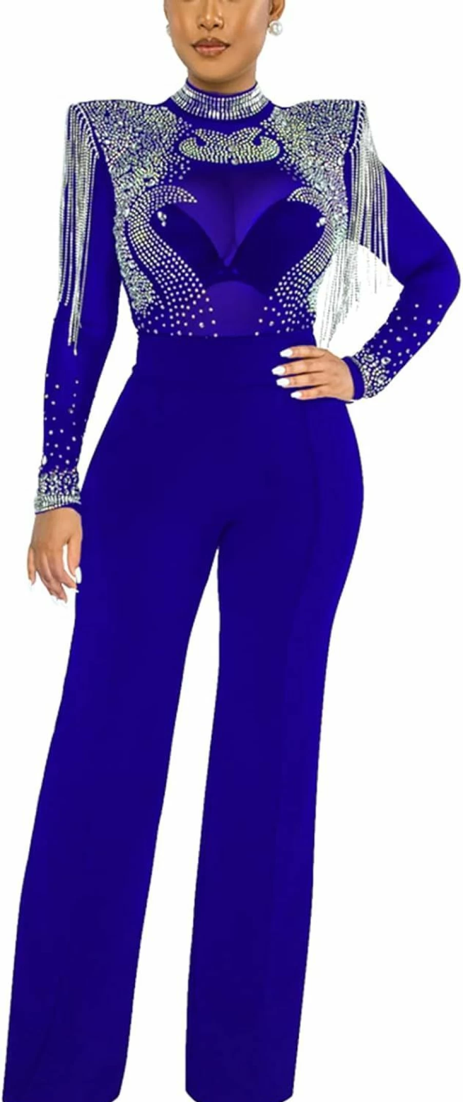 Molilove Women's Elegant Rhinestone Mesh Jumpsuit - Long Sleeve See-Through Bodycon Outfit for Casual Wear