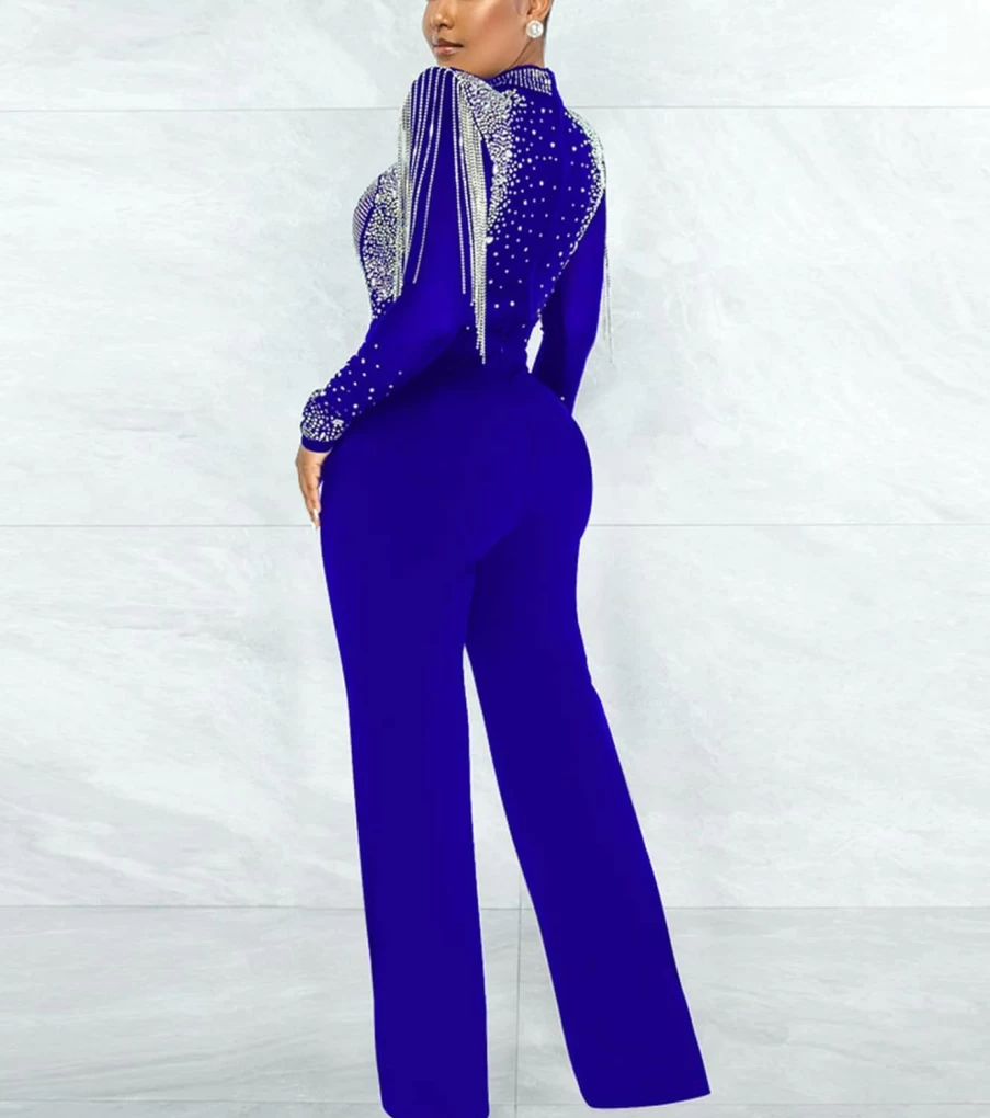 Molilove Women's Elegant Rhinestone Mesh Jumpsuit - Long Sleeve See-Through Bodycon Outfit for Casual Wear