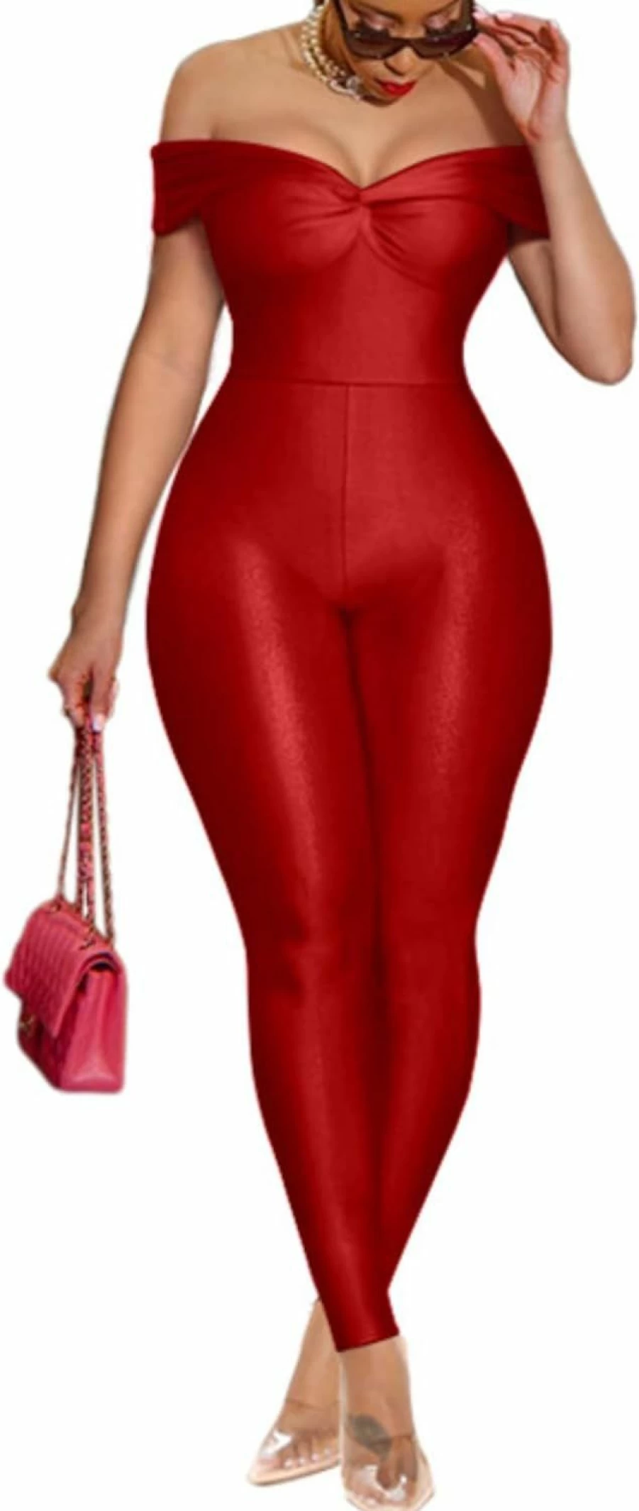 Ekaliy Women's Sexy Off Shoulder Bodycon Jumpsuit - Sleeveless Long Romper with Twisted Knot Front for Clubwear