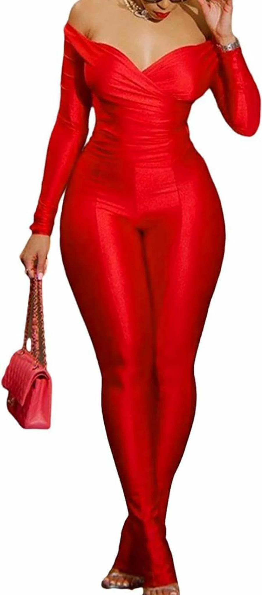 "Sriswel Women's Sparkly Off-Shoulder Jumpsuit Set - Deep V Neck Clubwear with Flare Pants & Slit Hem Two-Piece Outfit"