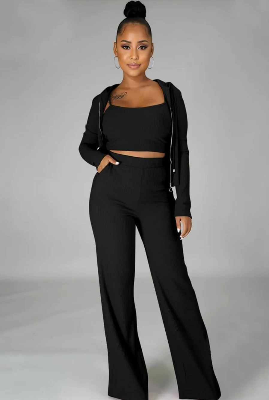 WUSENST Women's Elegant Wide Leg Pant Suit Set - Long Sleeve Crop Top & High Waist Pants with Pockets, 2 Piece Solid Outfit