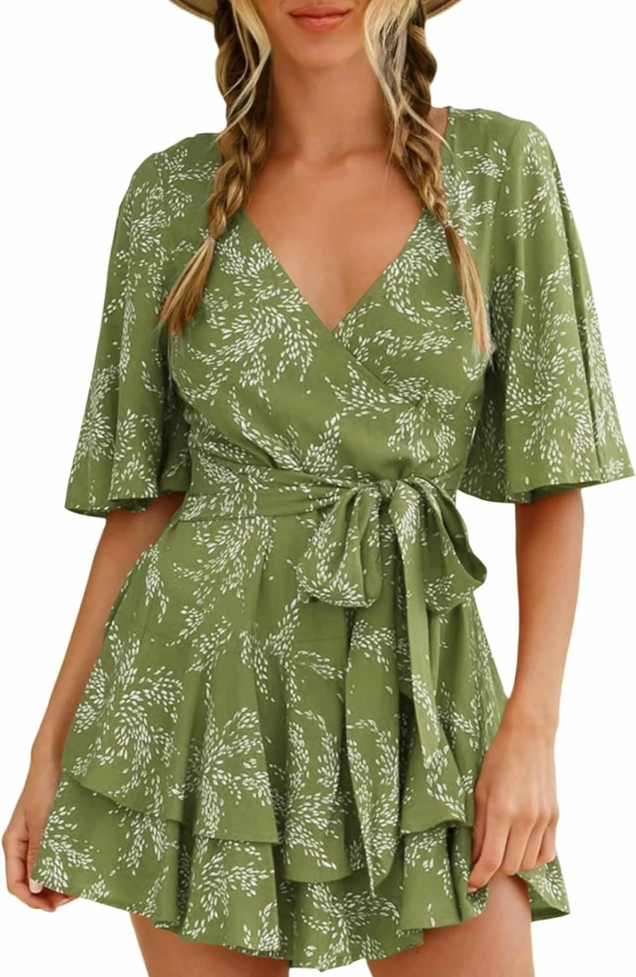 AIMCOO Women's Floral Print V-Neck Romper Jumpsuit with Ruffle Hem and Waist Tie Summer Short Sleeve Dress