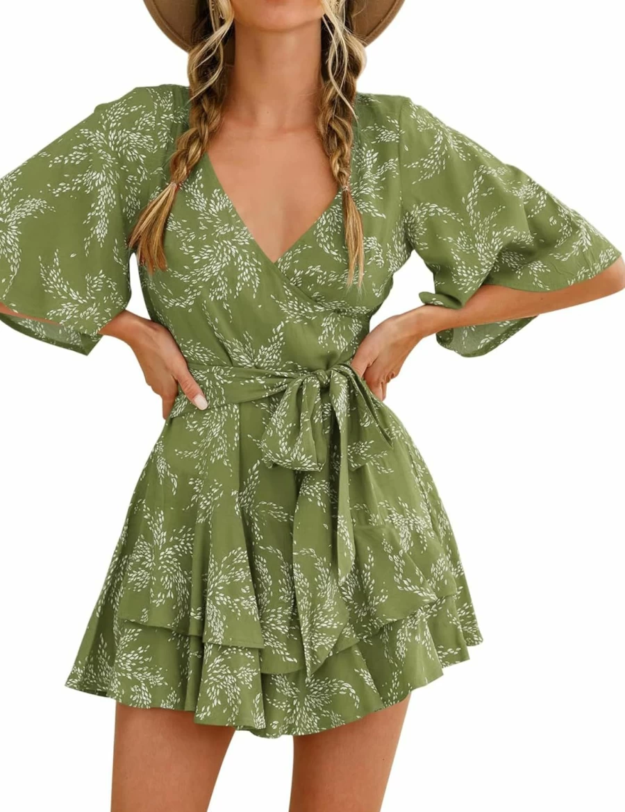 AIMCOO Women's Floral Print V-Neck Romper Jumpsuit with Ruffle Hem and Waist Tie Summer Short Sleeve Dress