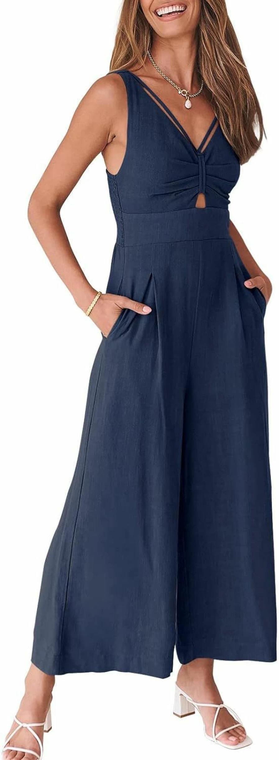 Caracilia Women's Linen Romper - Summer Sleeveless Wide Leg Jumpsuit with V-Neck, High Waist & Cutout Straps