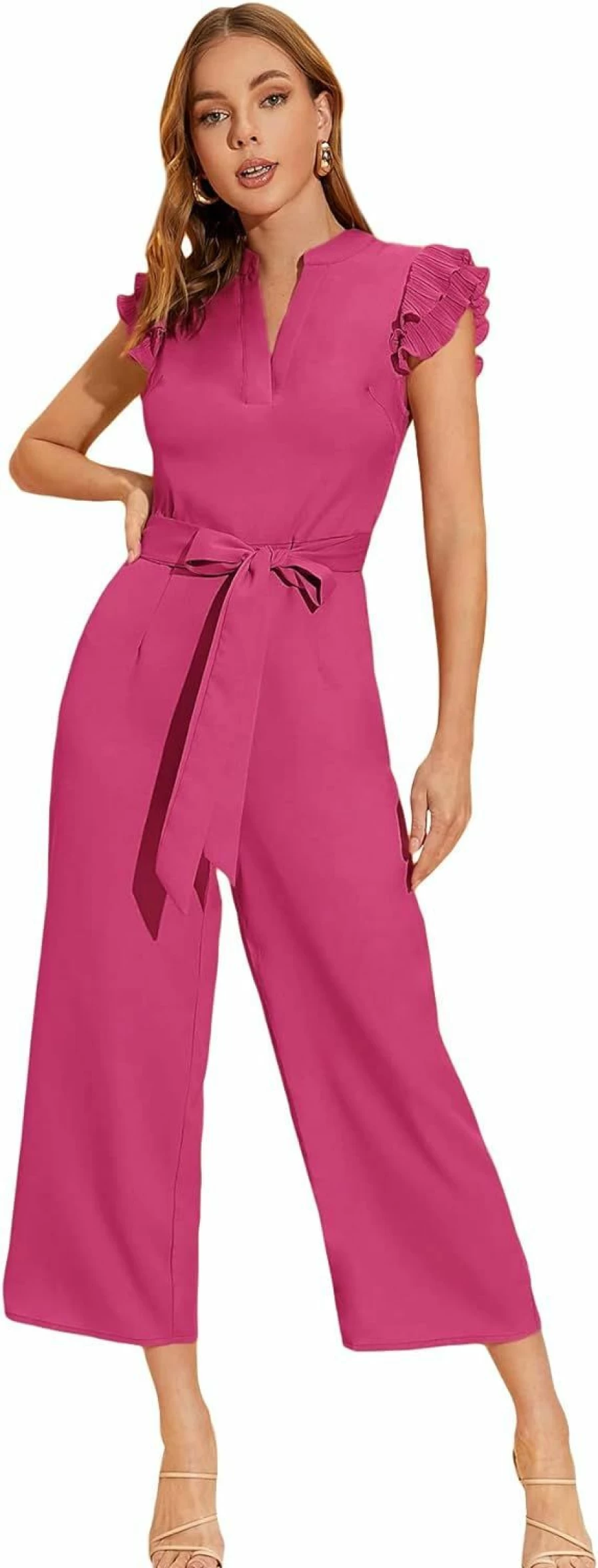 WDIRARA Women's Belted Jumpsuit with Ruffle Cap Sleeves and Notched V-Neck