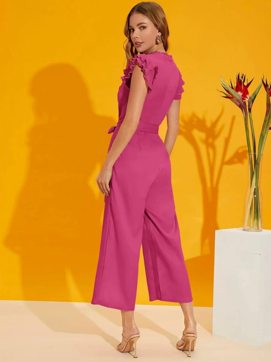 WDIRARA Women's Belted Jumpsuit with Ruffle Cap Sleeves and Notched V-Neck