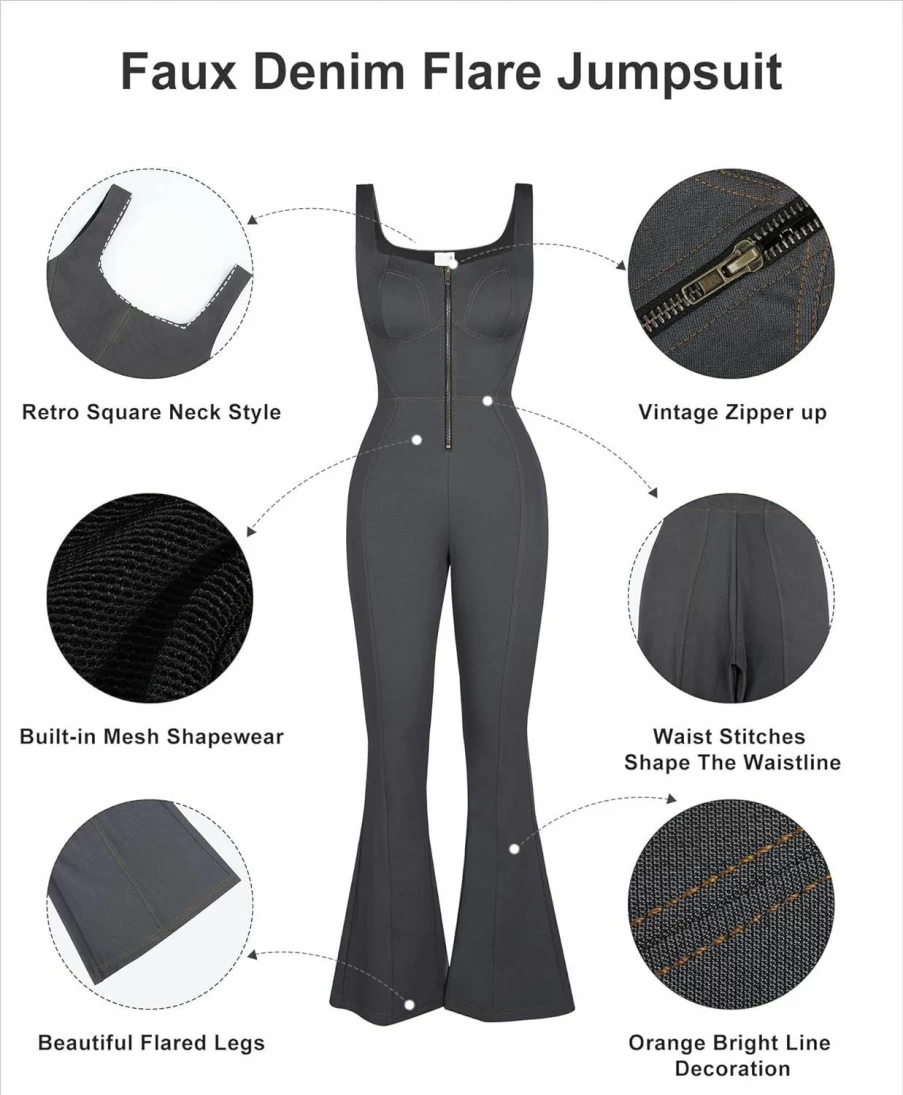 Popilush Women's Tummy Control Jumpsuit - Flared Denim Romper with Built-In Shapewear for Slimming Fit