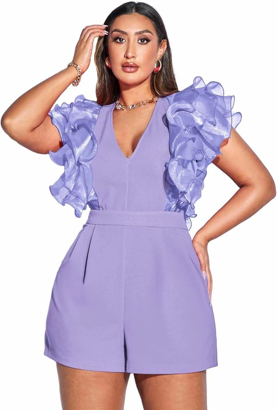 WDIRARA Women's Summer V-Neck Ruffle Sleeve Mesh Romper - Pleated Short Jumpsuit Casual Loose Solid Playsuit