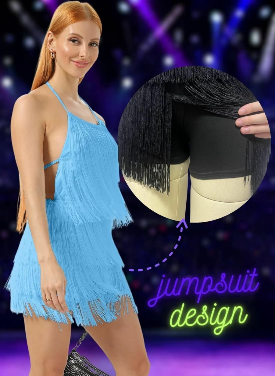 Ella Lust Women's Sexy Backless Halter Jumpsuit - Boho Fringe Tassel Romper for Club & Festival Wear