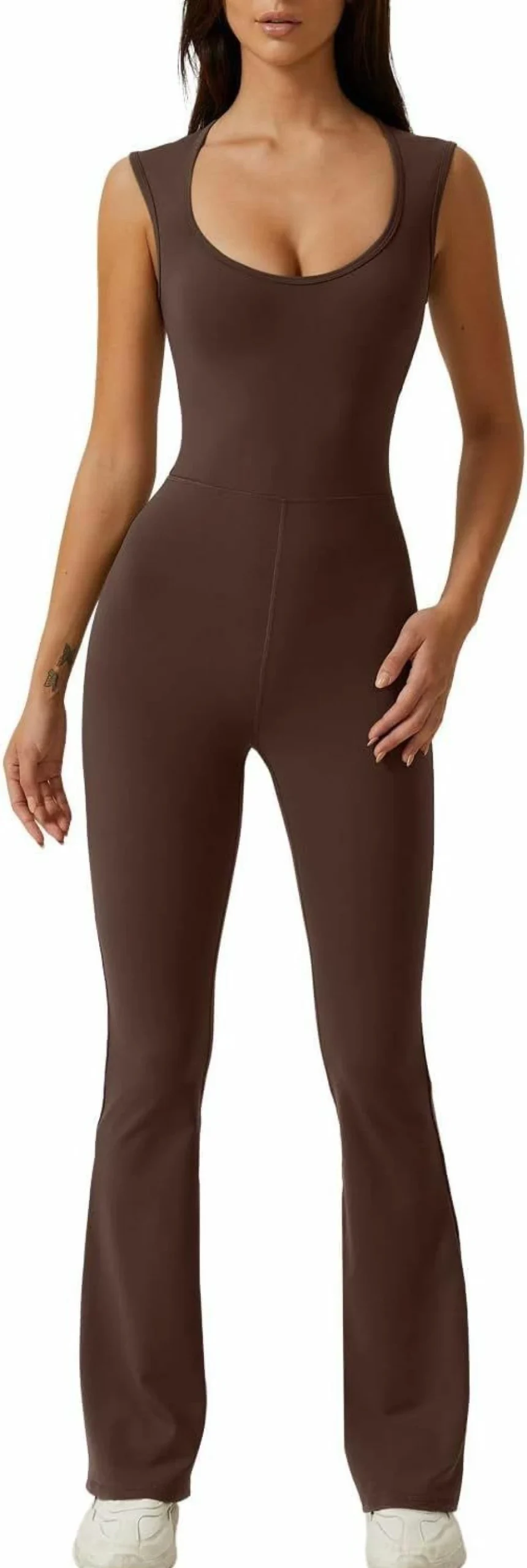QINSEN Women's Stretchy Sweetheart Neck Sleeveless Jumpsuit with High Waist & Flared Pants for Summer Outfits