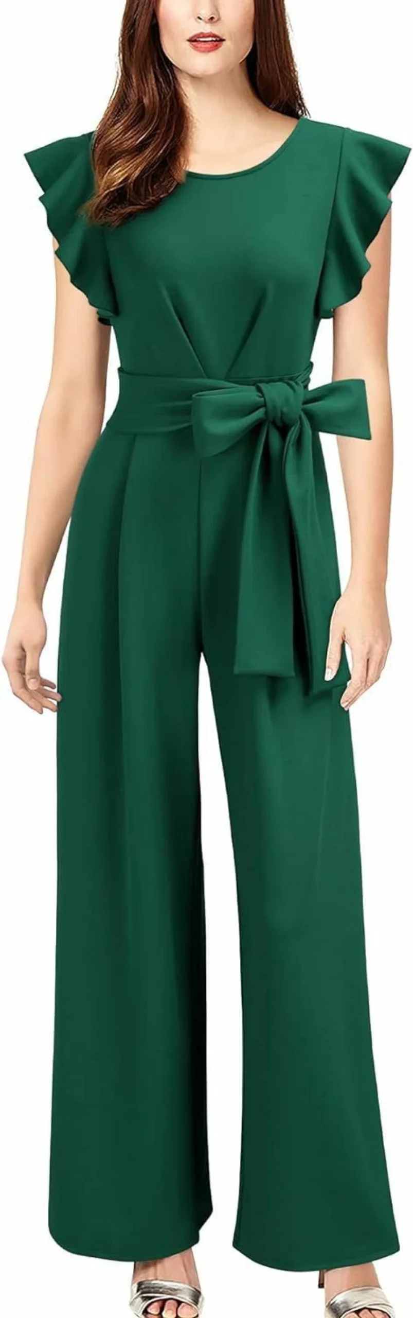 Knitee Women's Vintage High Waist Wide Leg Romper Jumpsuit with Belt - Sleeveless Ruffled Formal Long Jumpsuit for Women