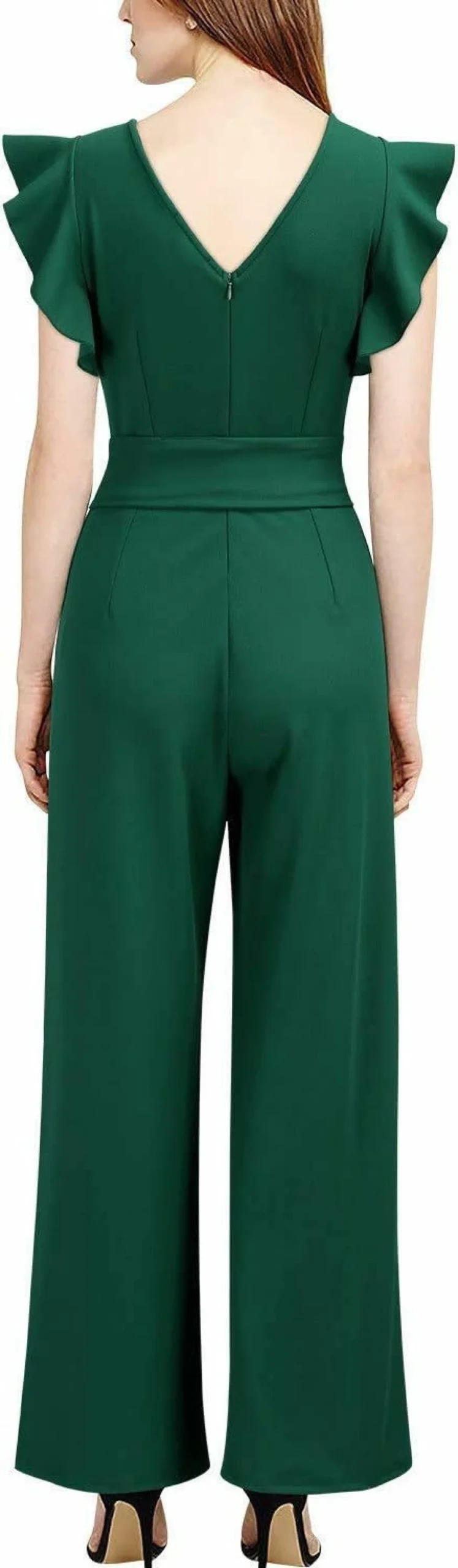 Knitee Women's Vintage High Waist Wide Leg Romper Jumpsuit with Belt - Sleeveless Ruffled Formal Long Jumpsuit for Women