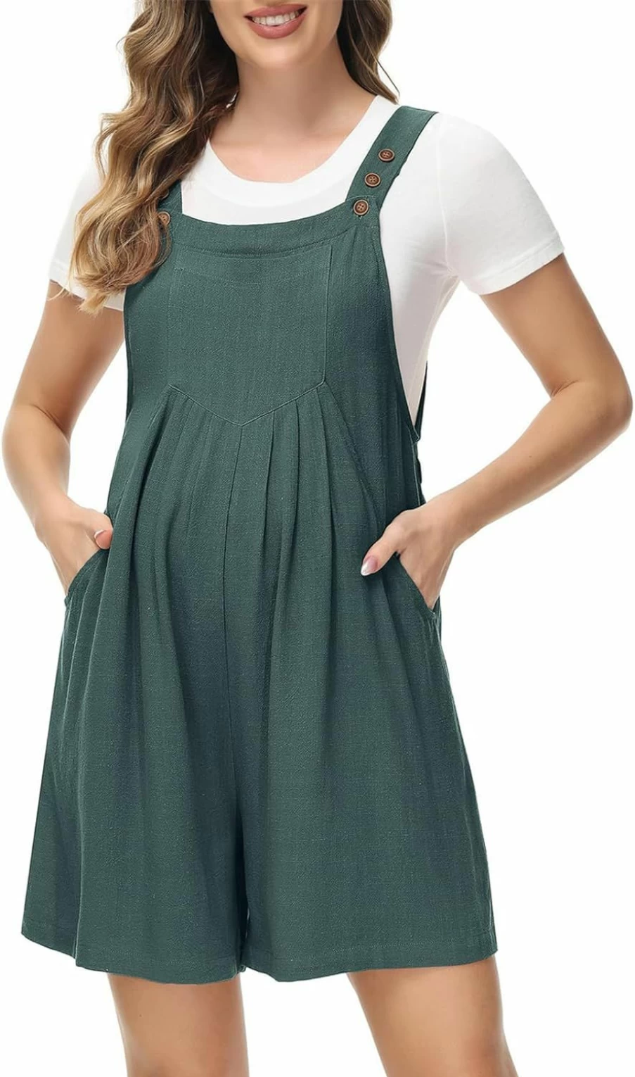 Maacie Women's Linen Maternity Romper - Sleeveless Wide Leg Overalls with Pockets, Summer Casual Jumpsuit Shorts for Pregnancy Comfort