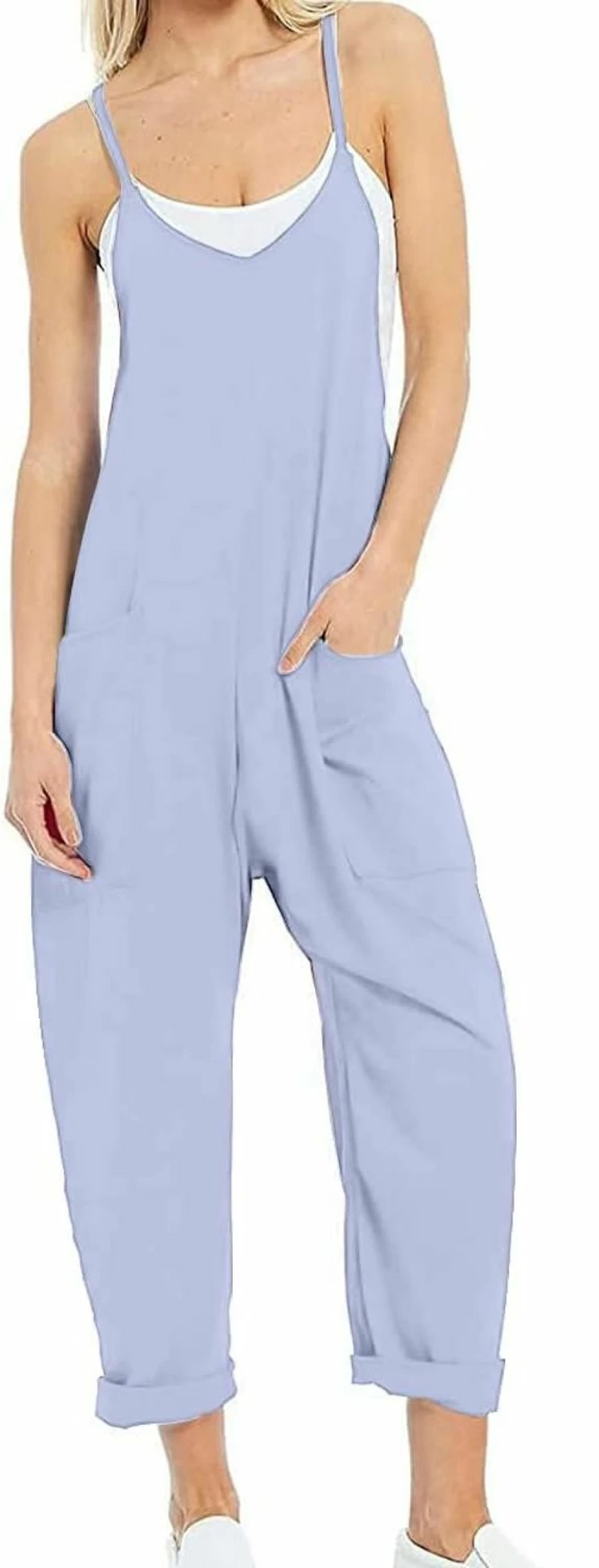 "Leanul Women's Summer Casual Jumpsuit - Spaghetti Strap Loose Romper with Pockets, Fashionable Harem Overalls"