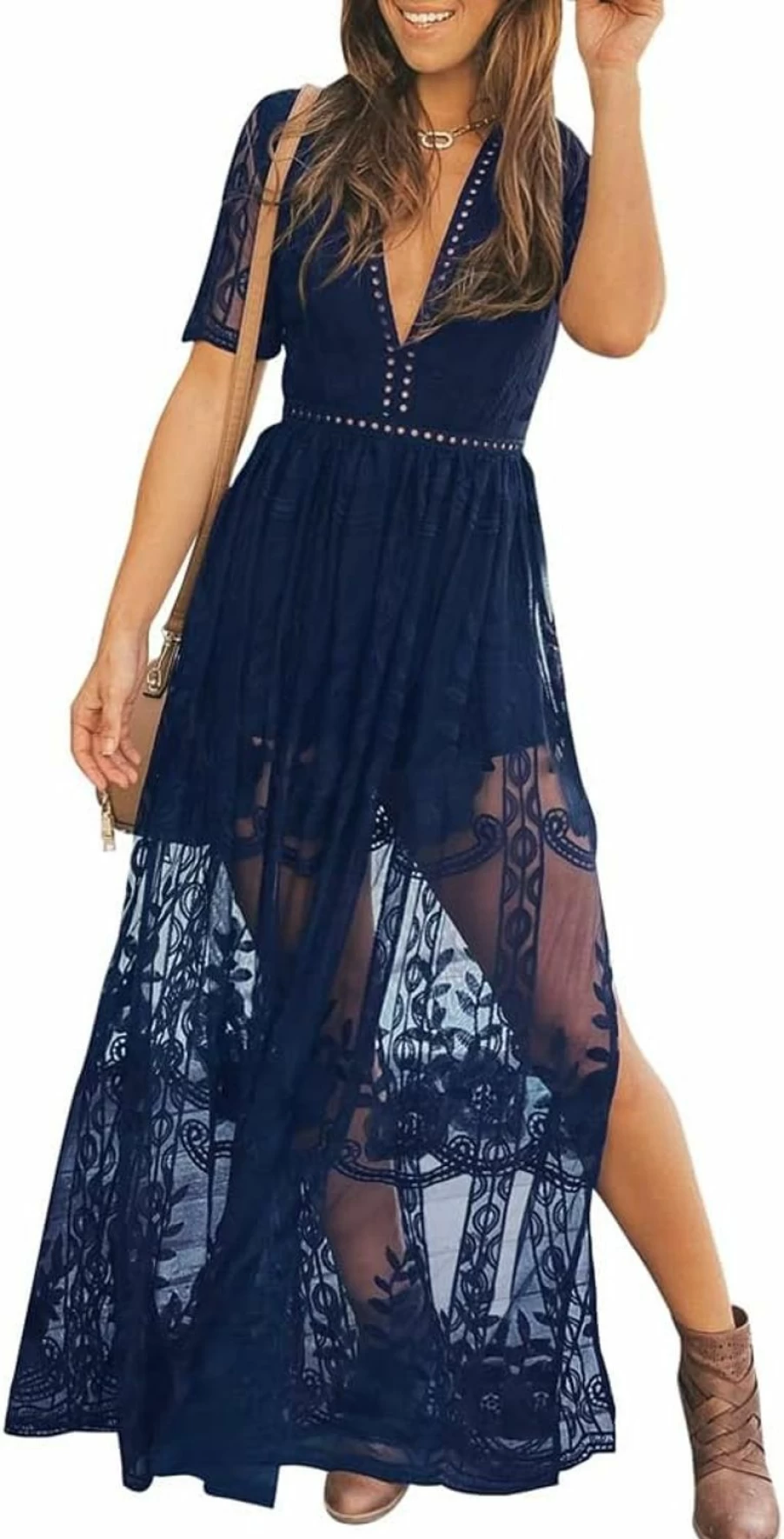 Eleter Women's Elegant Lace Romper Dress with Deep V-Neck and Short Sleeves
