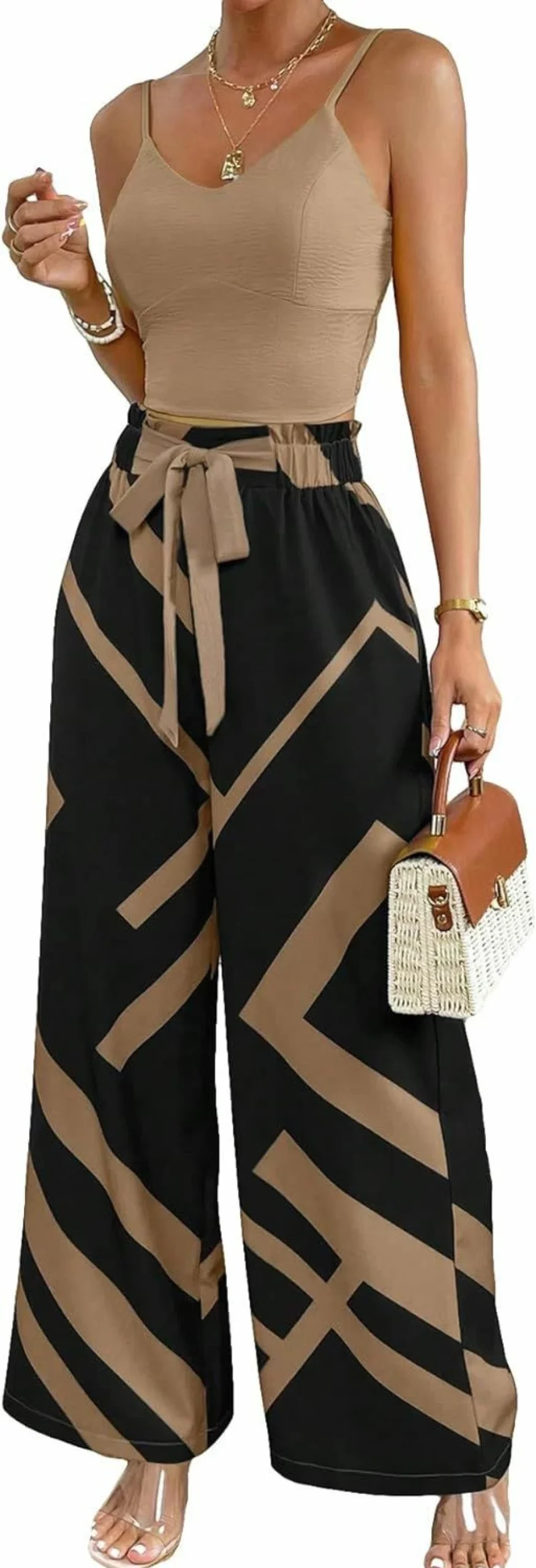 Verdusa Women's Summer 2-Piece Outfit - Flowy Wide Leg Pants & Strappy Cami Top Set