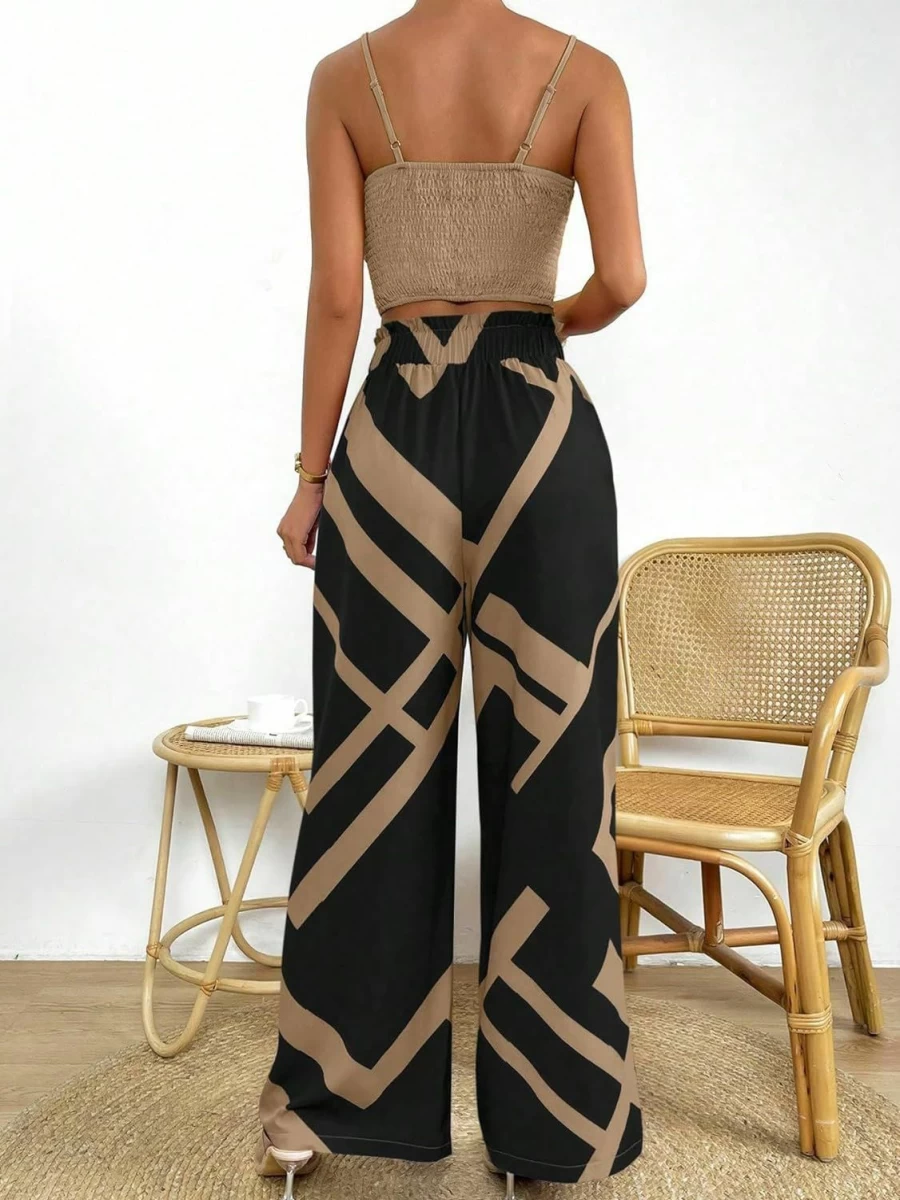 Verdusa Women's Summer 2-Piece Outfit - Flowy Wide Leg Pants & Strappy Cami Top Set