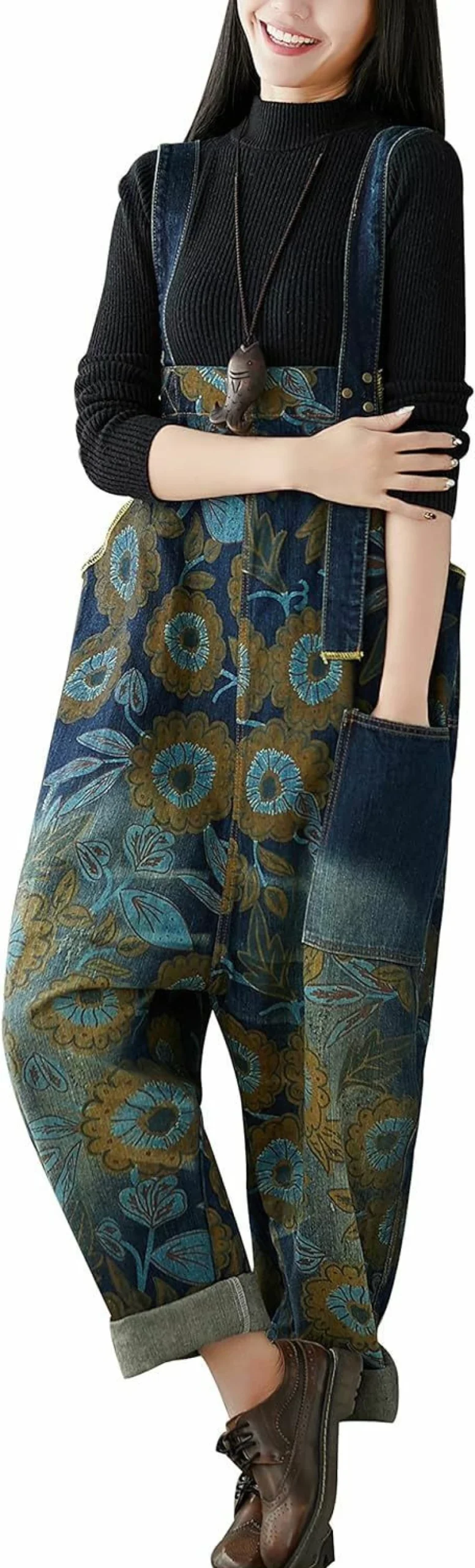 Yeokou Women's Baggy Denim Overalls - Loose Fit Wide Leg Jumpsuit Romper with Drop Crotch