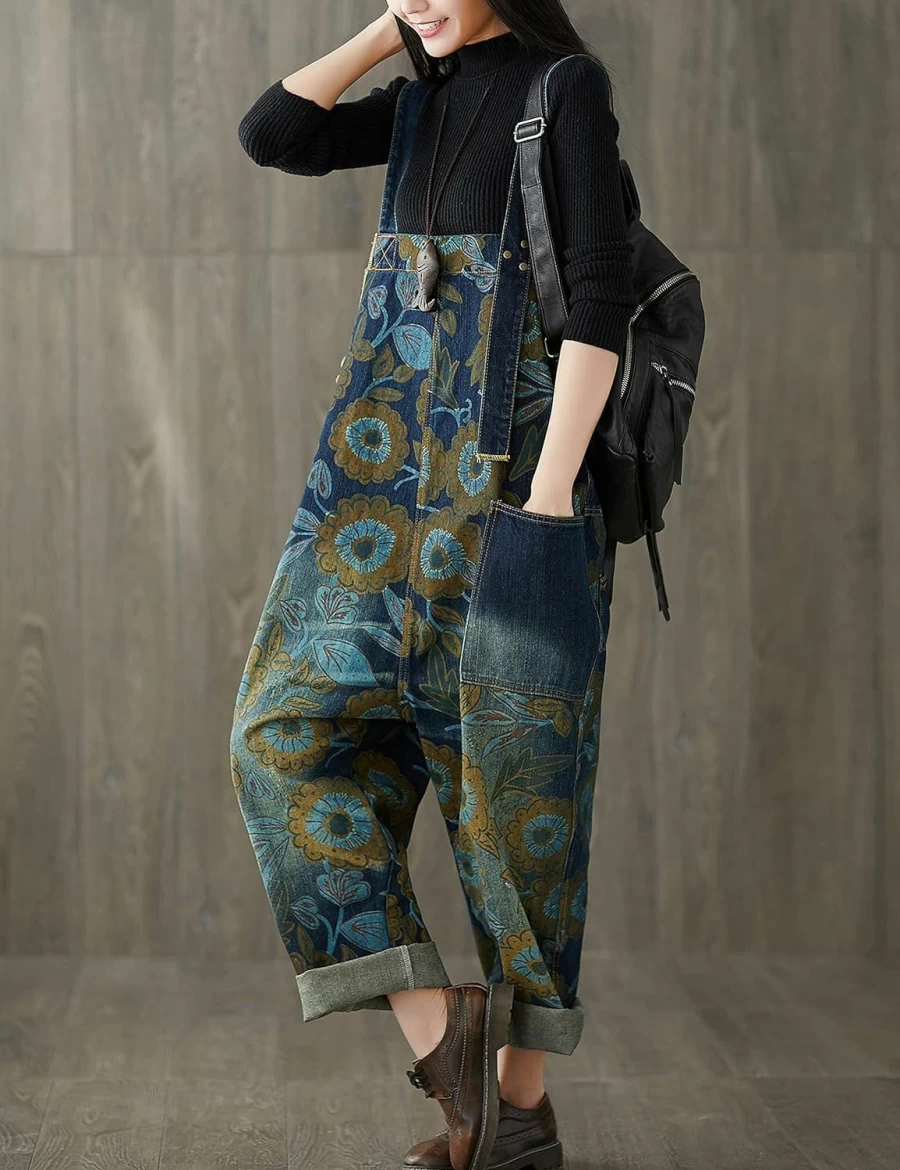 Yeokou Women's Baggy Denim Overalls - Loose Fit Wide Leg Jumpsuit Romper with Drop Crotch