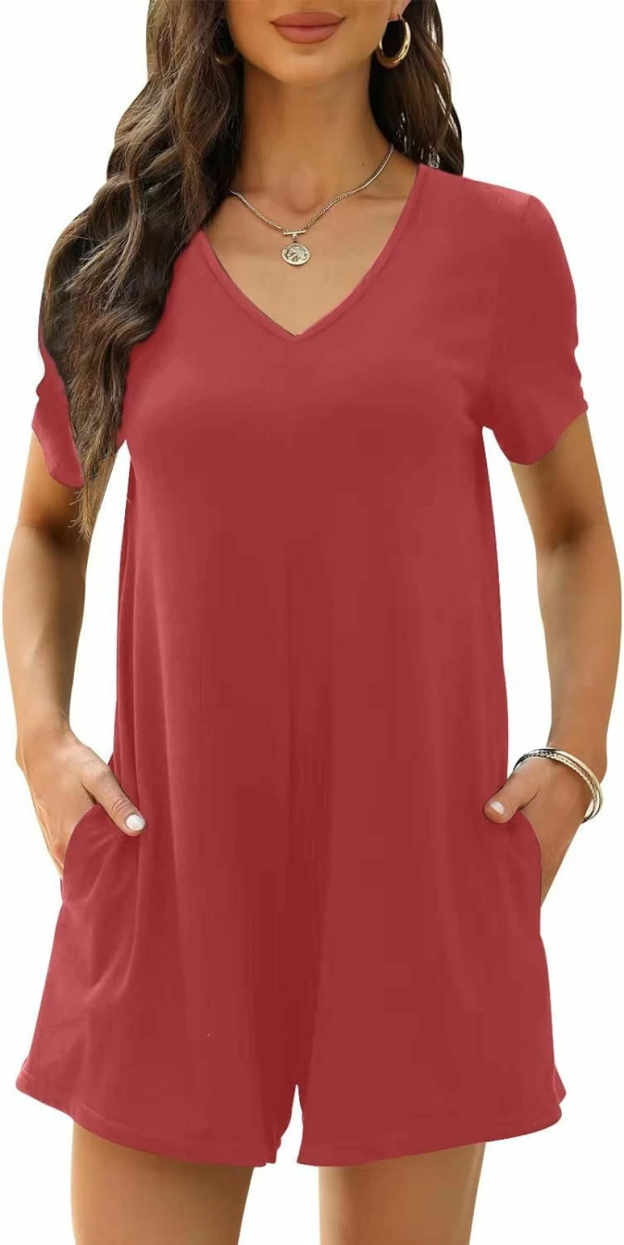 Btaiuo Women's Summer Casual V-Neck Loose Romper Jumpsuit with Pockets - Short Sleeve Shorts Comfortable Outfit