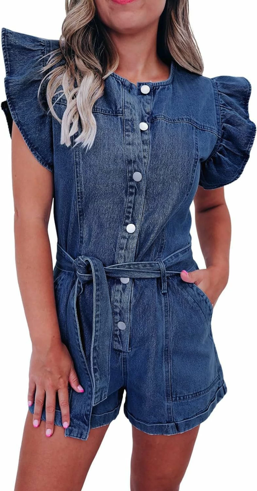 PLNOTME Women's Denim Romper with Ruffle Sleeves, Belted Waist & Pockets - Summer Short Jumpsuit