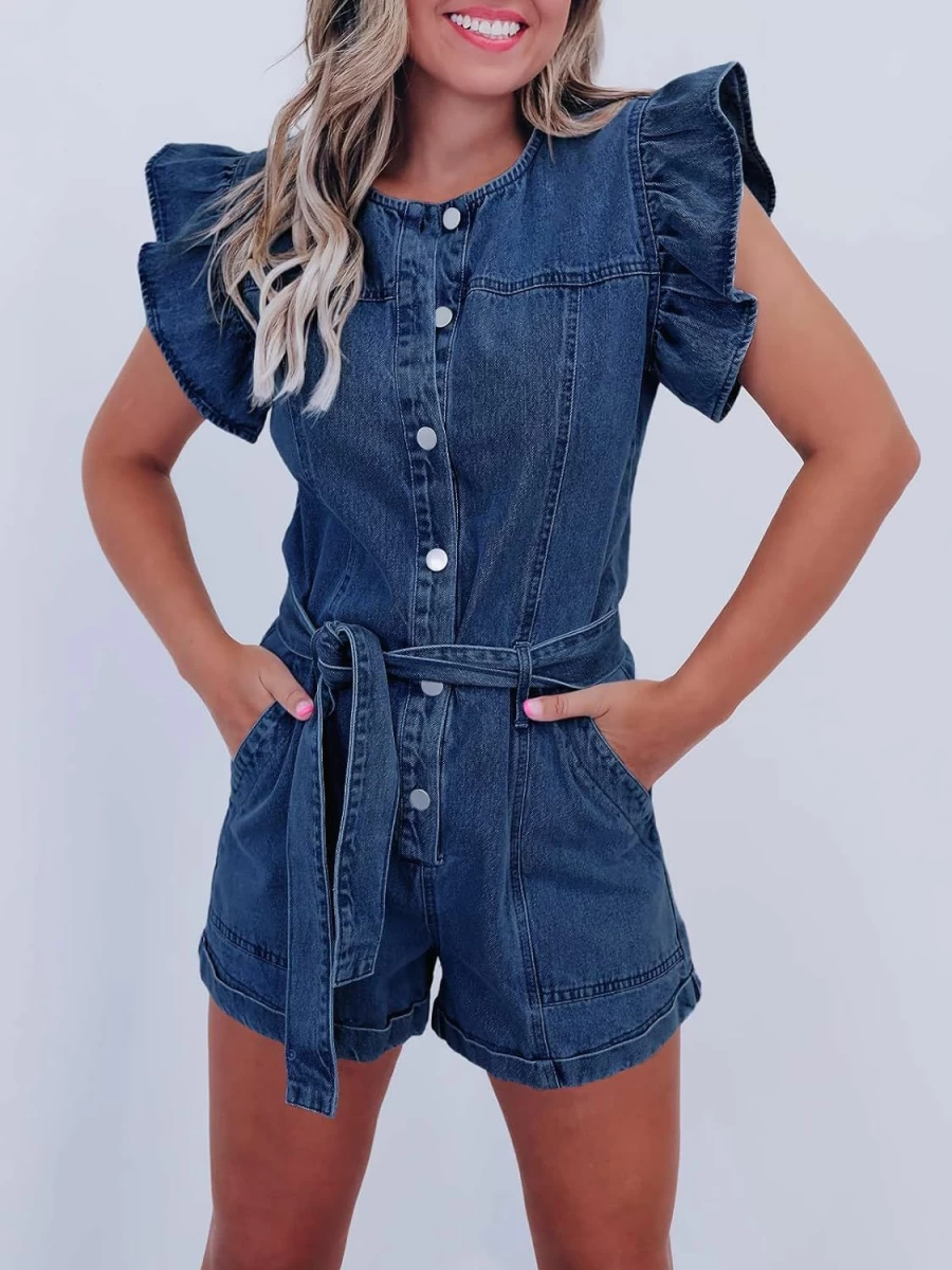 PLNOTME Women's Denim Romper with Ruffle Sleeves, Belted Waist & Pockets - Summer Short Jumpsuit