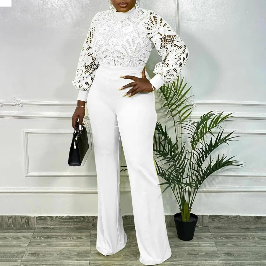 "DasMzper Women's High Waist Lace Jumpsuit - Long Sleeve Patchwork Romper with Wide Leg Pants"